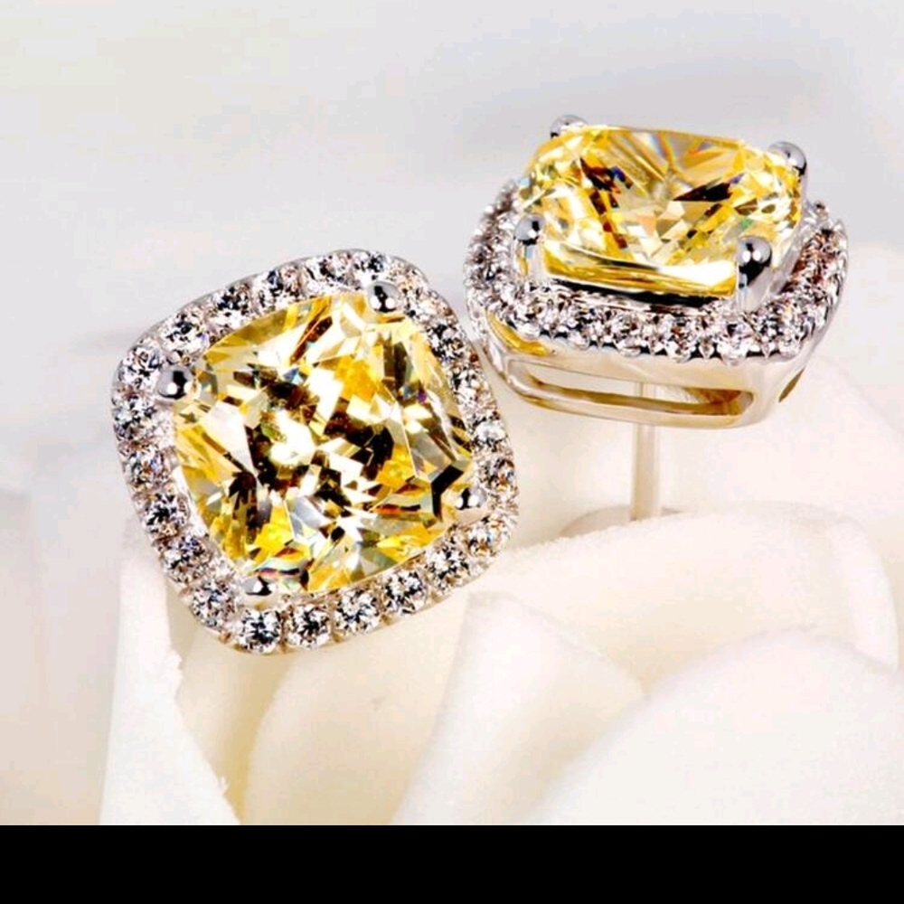 Delicate Stylish Silver and Yellow Square Shape CZ Stud Earring, Perfect Gift - Picture 3 of 5